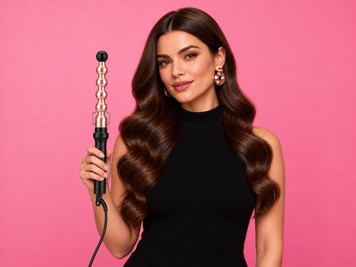 EvoNaturals brand campaign: model holding Multi-Curl 5-in-1