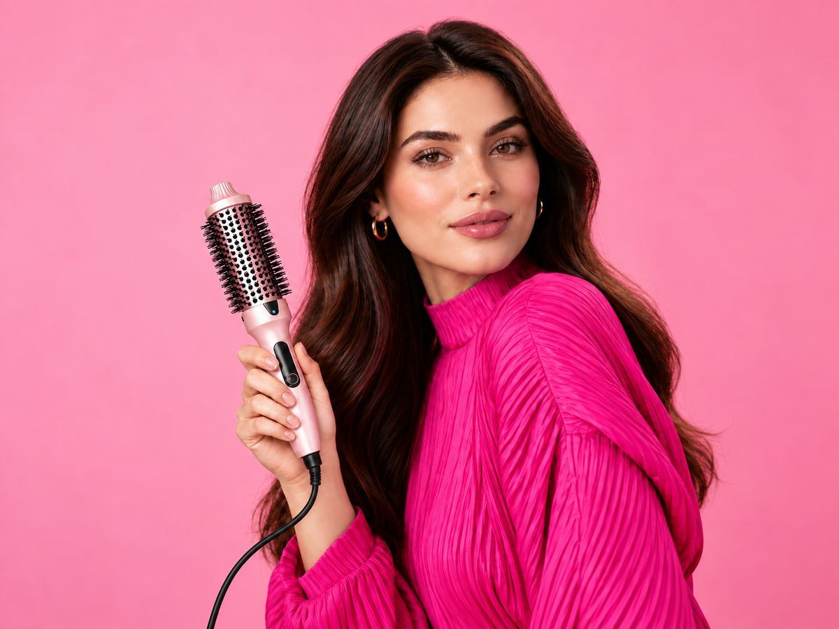 EvoNaturals brand campaign: model holding Thermal Brush Boost