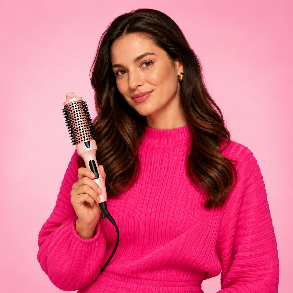 EvoNaturals brand campaign with a model holding the pink Thermal Brush Boost
